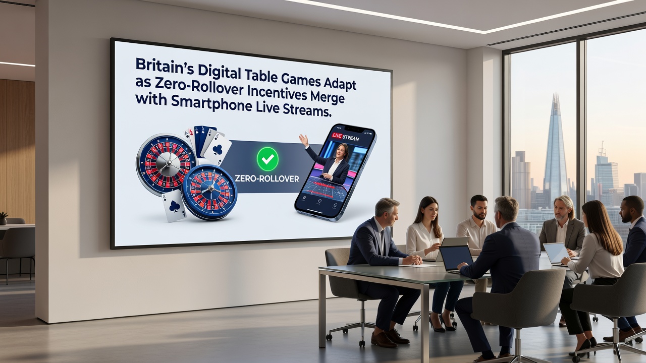 Live dealer at digital roulette table with smartphone live stream overlay showing zero-rollover incentive pop-up