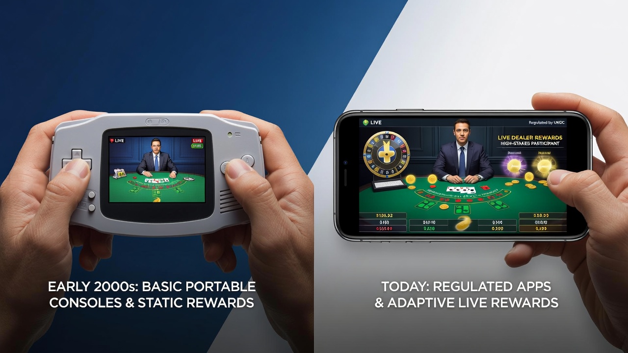 Mobile gaming devices displaying live dealer casino interfaces with reward notifications