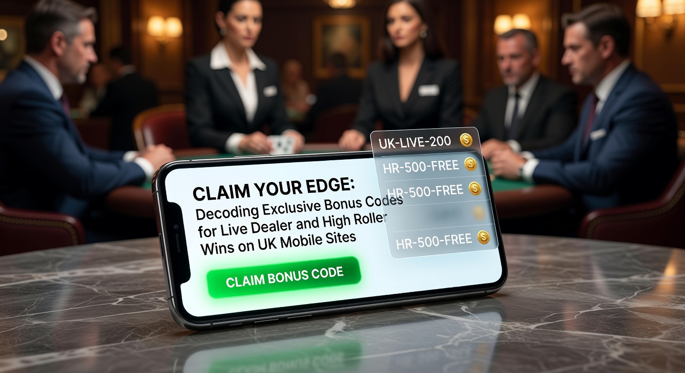 Smartphone displaying a live dealer blackjack table with an overlay of bonus code activation, highlighting high roller stakes and mobile optimization