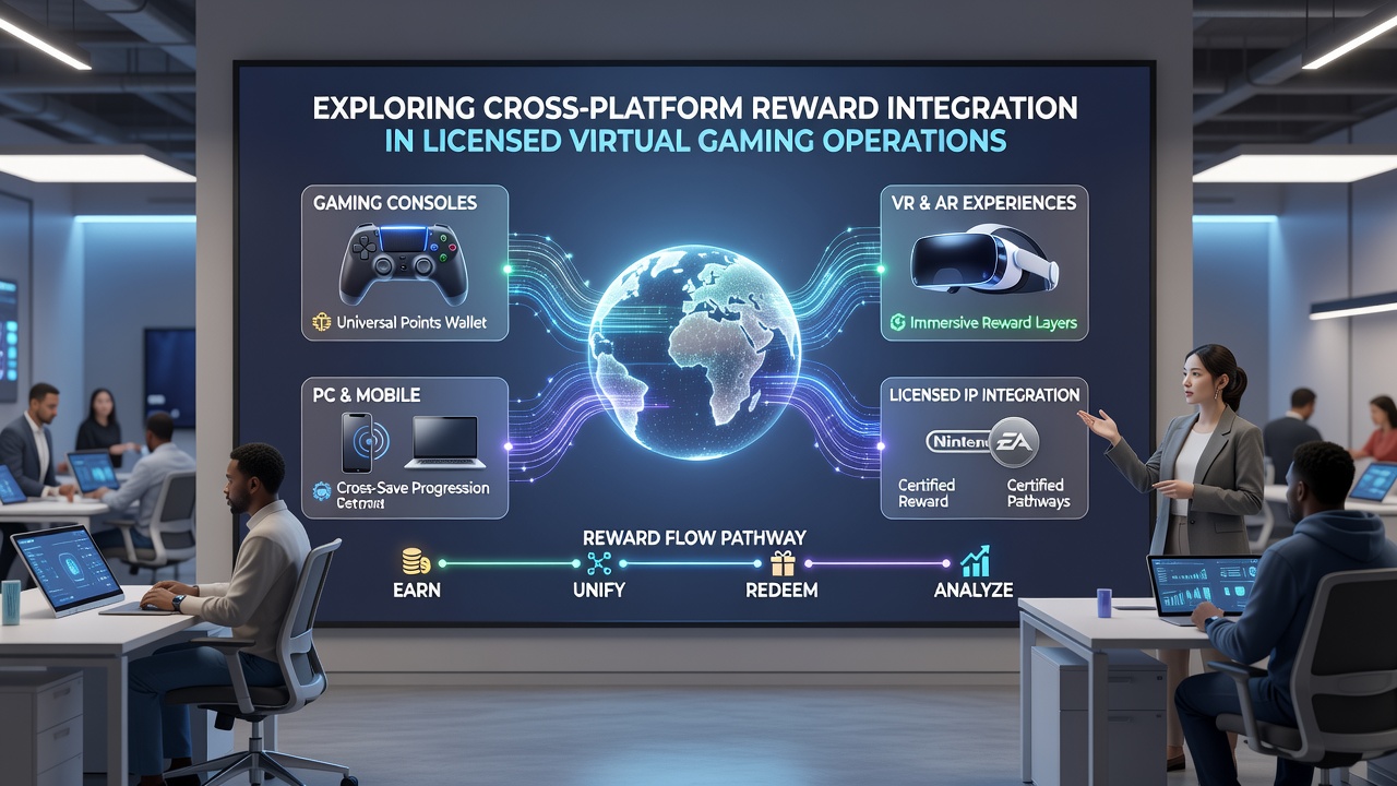 Illustration of secure API connections linking reward ledgers across licensed virtual gaming platforms and devices