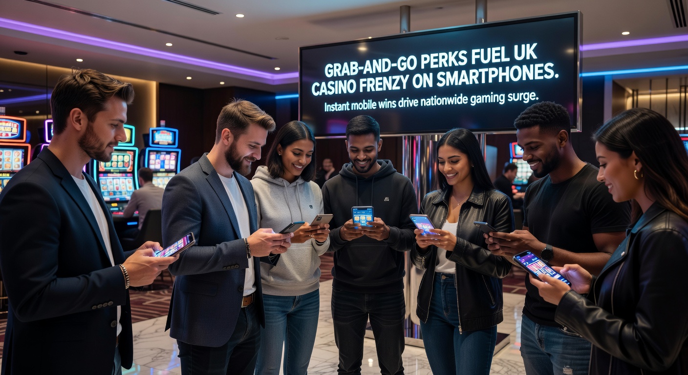 Vibrant smartphone screen displaying a mobile casino app with spinning slots and instant bonus notifications popping up