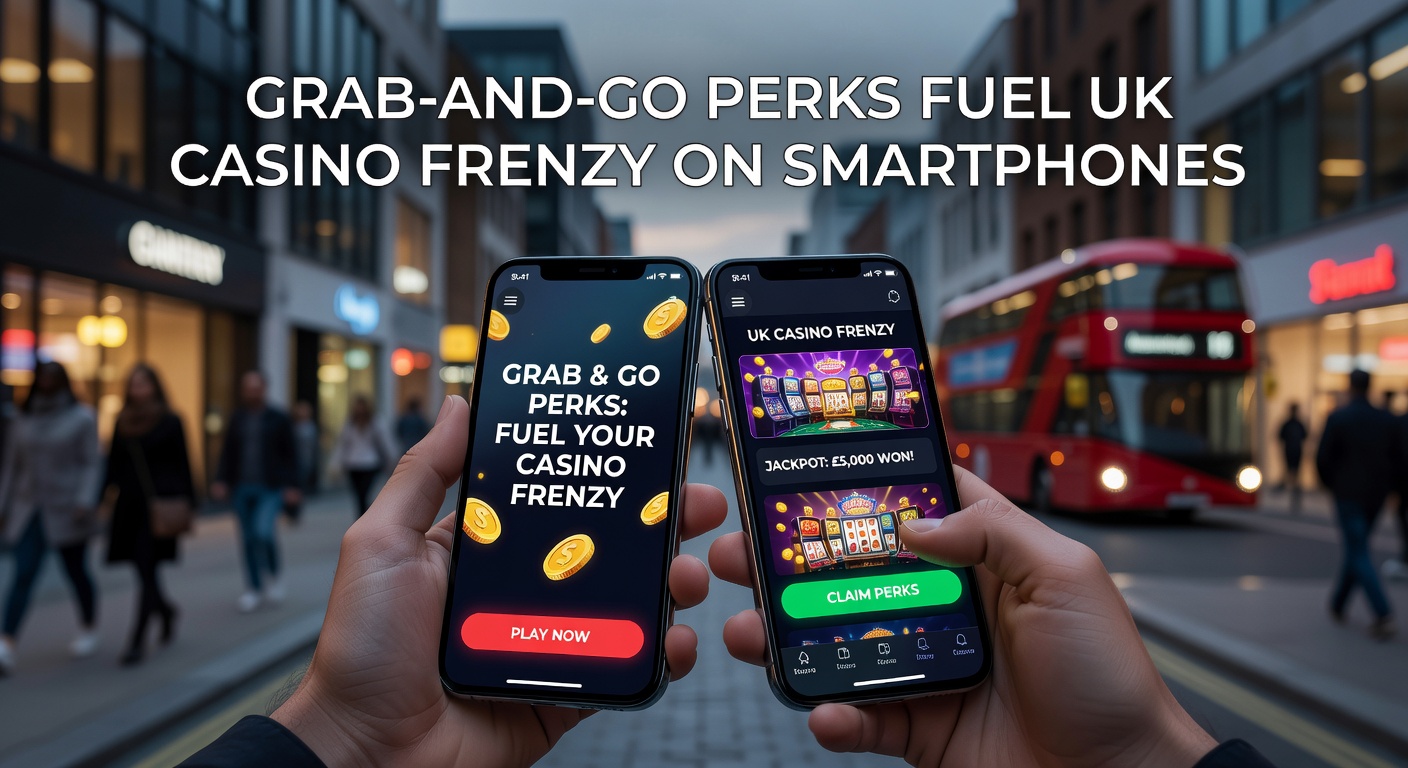 Close-up of hands holding a smartphone with a casino app open, showing a grab-and-go bonus claim screen and colorful slot reels in motion