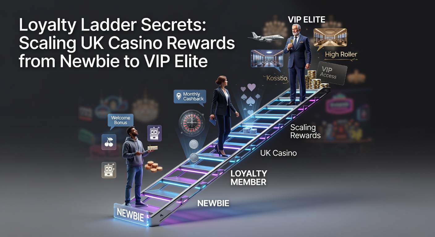 Visual representation of a multi-tiered loyalty ladder climbing toward VIP casino rewards, with glowing tiers and ascending player icons