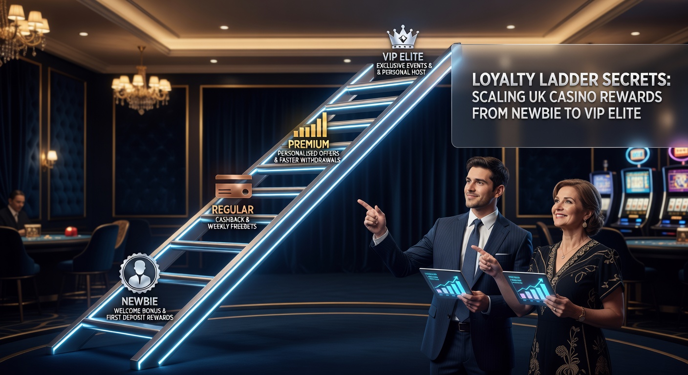 Dynamic graphic showing a player character ascending illuminated VIP tiers in a vibrant online casino environment, with reward icons exploding at each level