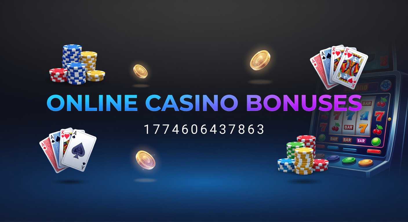 Vibrant display of online casino bonus promotions featuring spinning reels, chip stacks, and promotional banners highlighting free spins and deposit matches