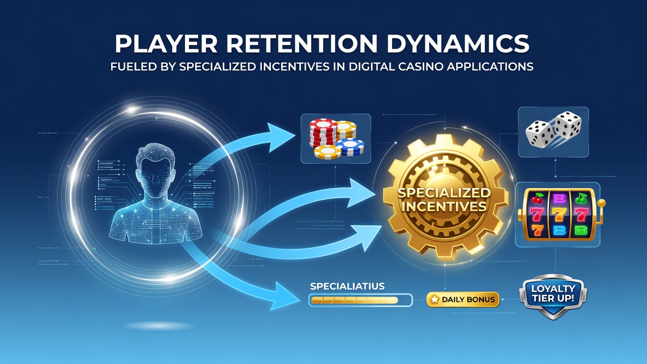 Illustration of player retention dynamics in digital casino apps showing personalized bonus interfaces and loyalty dashboards