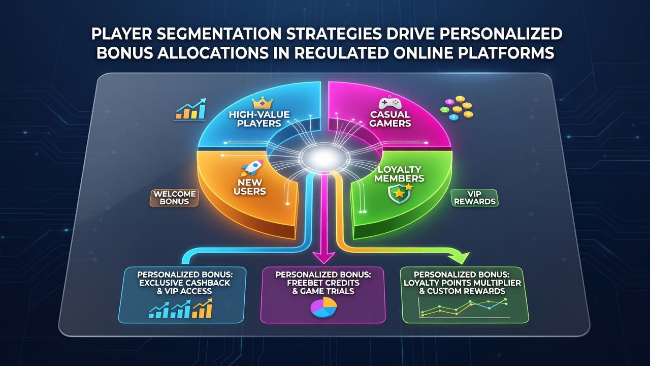 Analytics interface displaying segmented player groups receiving customized bonus recommendations in a compliant online environment
