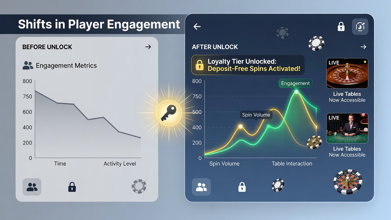 Tablet screen showing live casino interface with tier badge and unlocked spin counter for roulette and blackjack tables