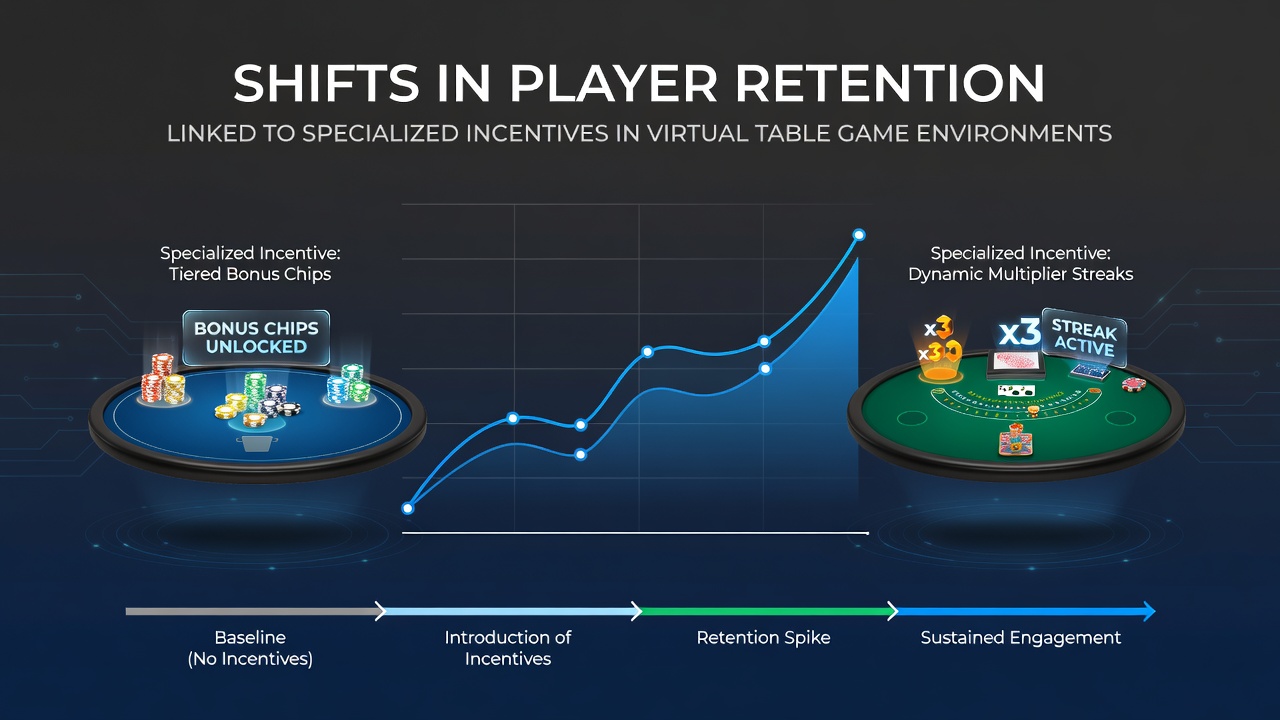 Analytics dashboard displaying retention curves for virtual table games with overlaid incentive performance indicators