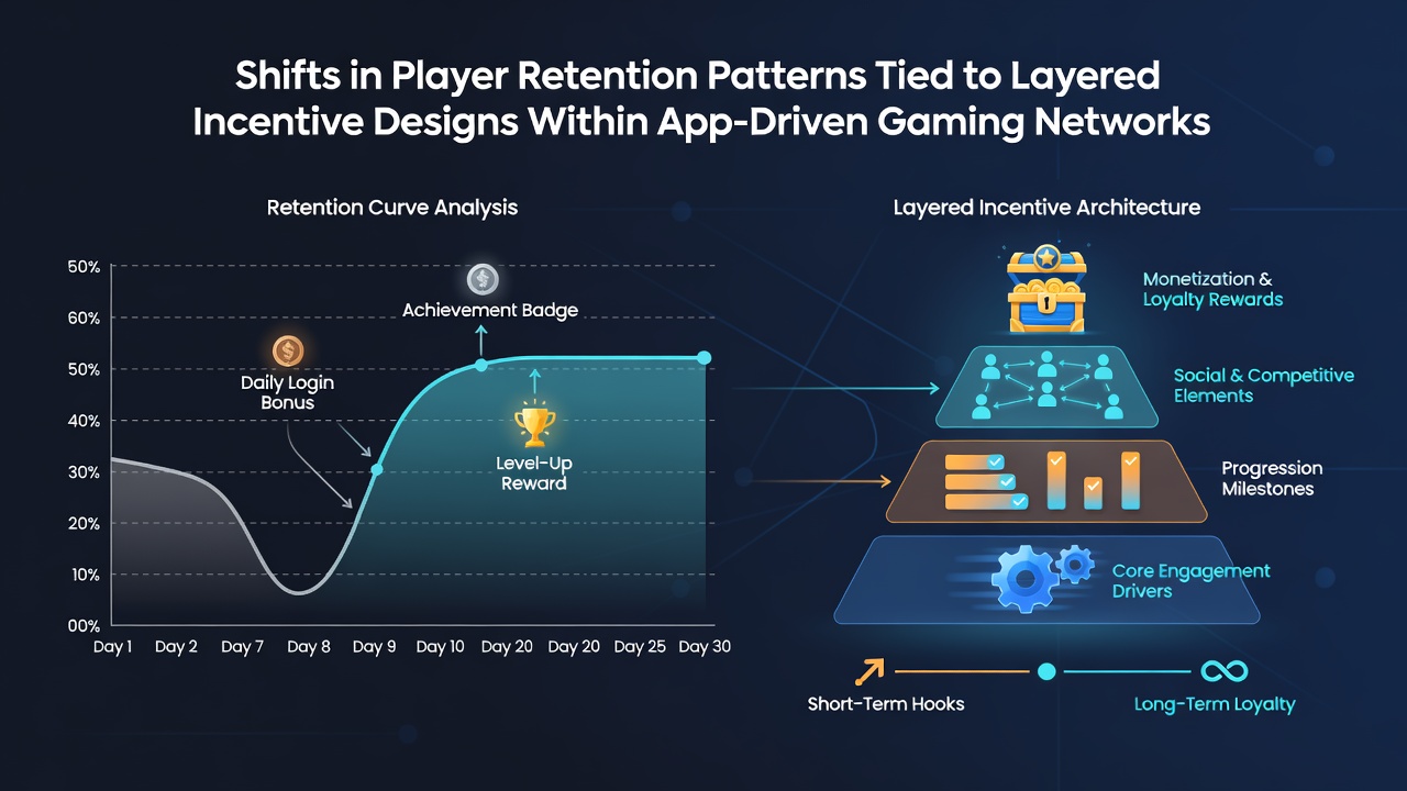 Analytics dashboard illustrating player retention curves before and after layered incentive implementation