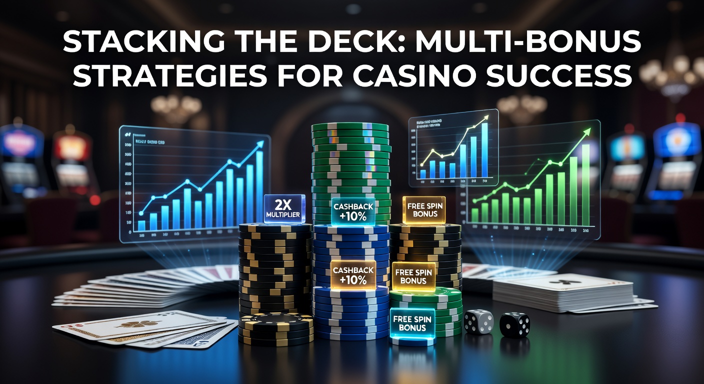 Casino players strategically combining multiple bonuses on digital screens, chips and cards stacked high